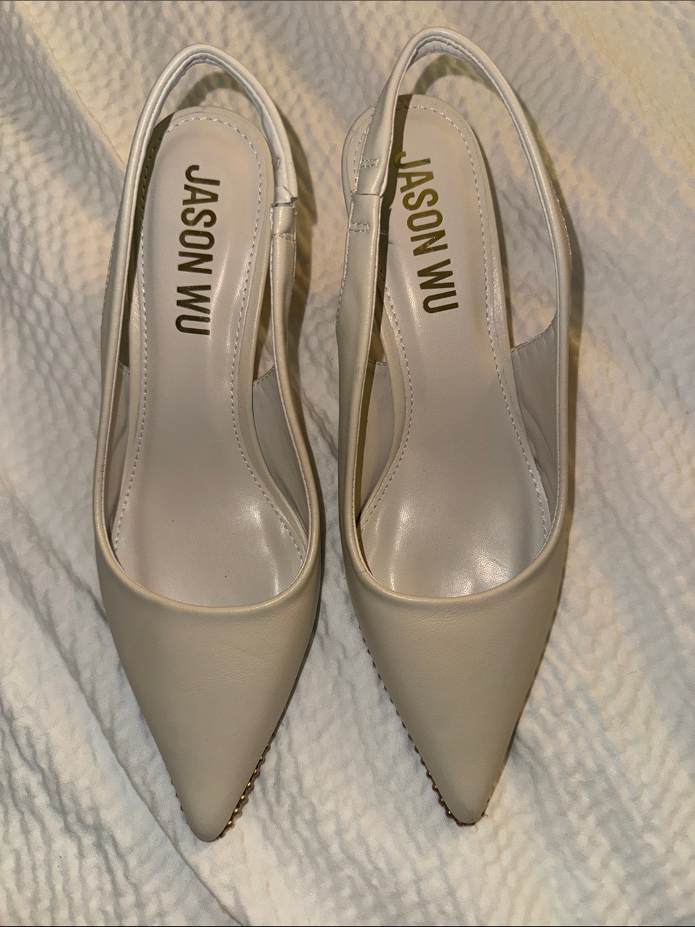Jason Wu Ivory Pointed-Toe Slingback Flats with Gold Trim - Picture 2 of 4